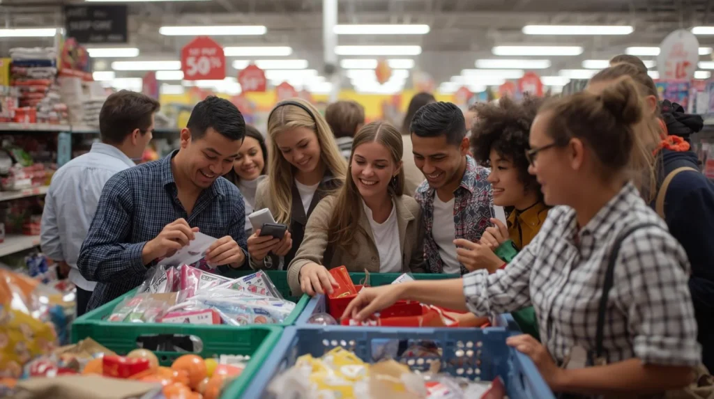 Shopper checking products in a bin store with notes on smart buying strategies.